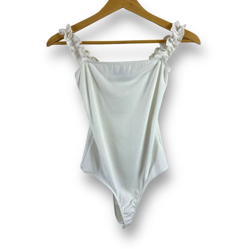 21 Saints Women's S Ruffle Strap Ribbed Bodysuit White Elevated Basic Coquette